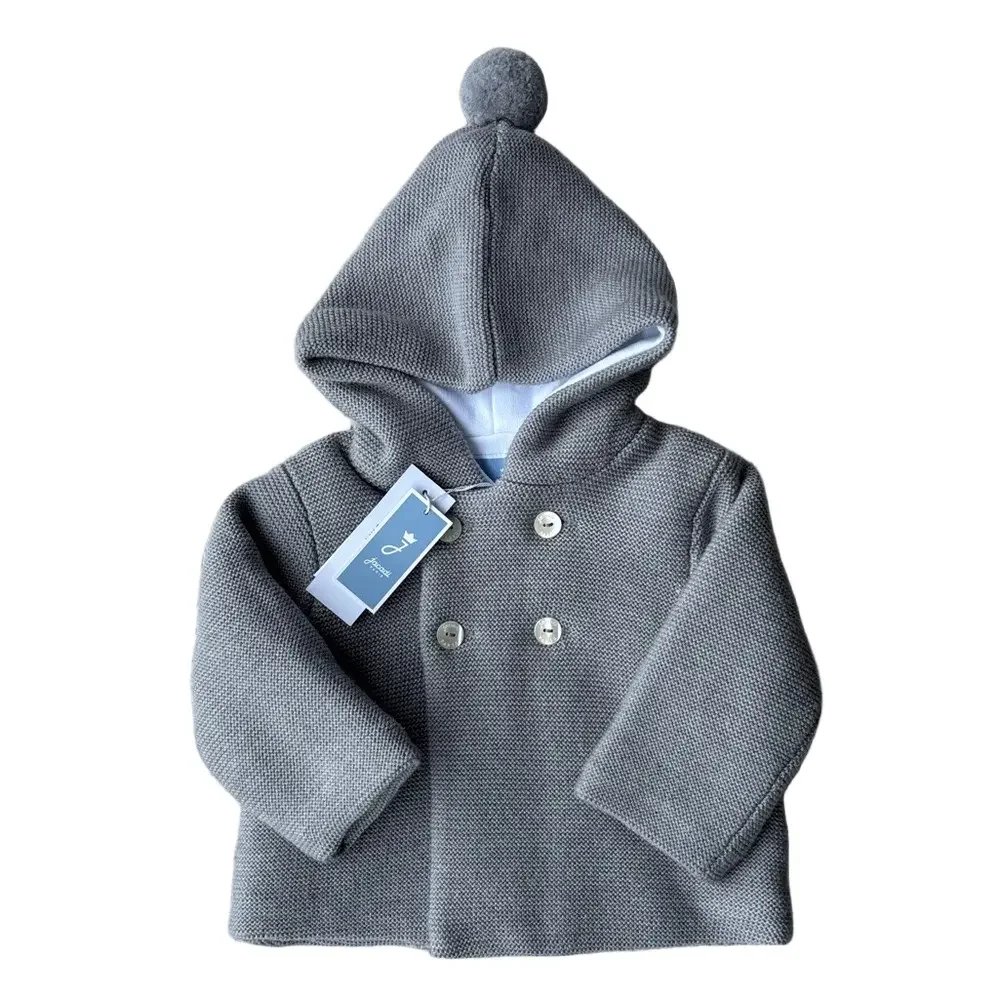 Jacadi Paris NWT Heather Gray Baby Knitted Burnous Jacket Pom Pom Hood 6 months